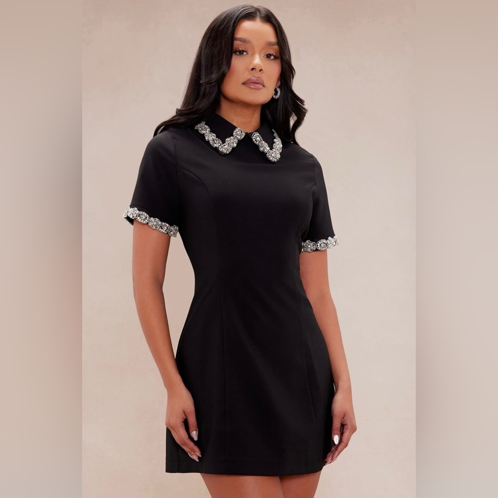 NWT Elegant Black Dress with Embellished Collar - Picture 2 of 4